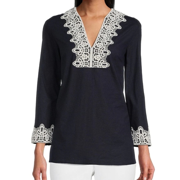 BEAUTY!PRESTON&YORK TABITHA STRETCH LINEN 3/4 SLEEVE SPLIT V-NECK EMBROI… - Picture 1 of 8